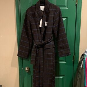 a new day Dark Brown and Blue Plaid Trench Coat